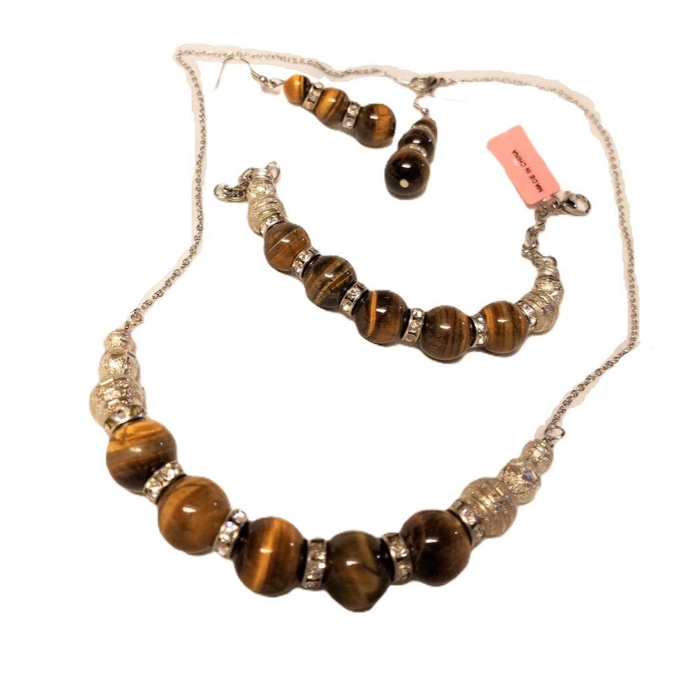 NWT South African Tigers Eyes TGW 25 cts Brown Silver Crystal Jewelry Set $229